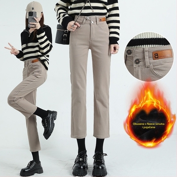 Ženske traperice s ravnim krojem, flis navlaka, visokim strukom, duljina 9/10, 70–80% pamuka