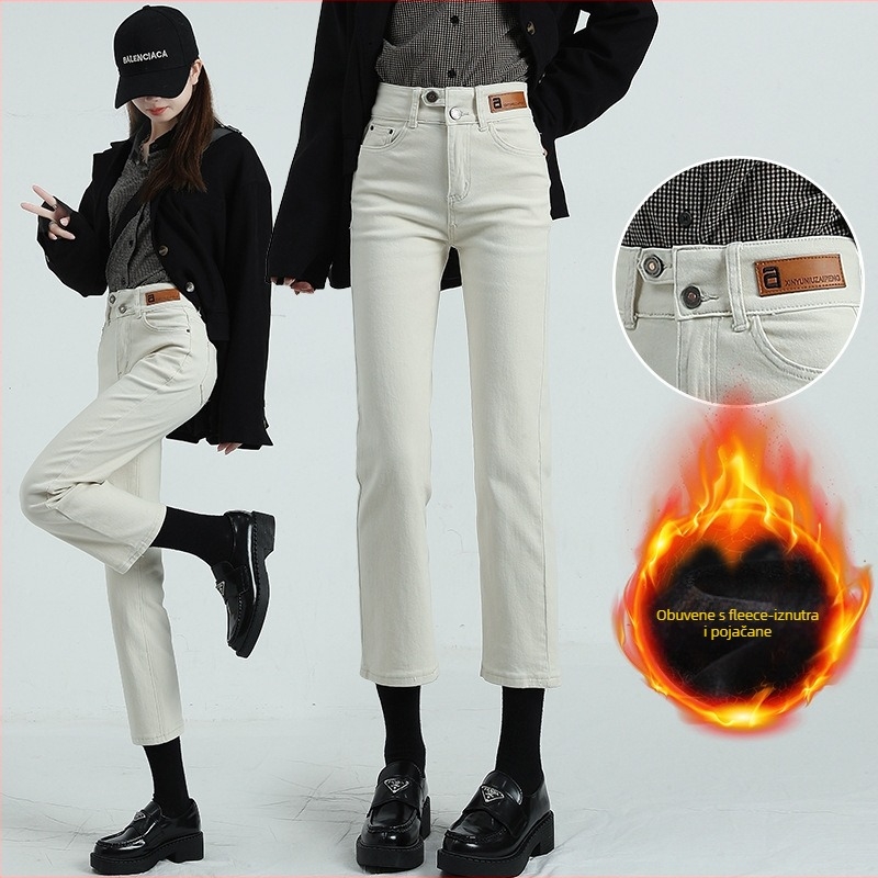 Ženske traperice s ravnim krojem, flis navlaka, visokim strukom, duljina 9/10, 70–80% pamuka