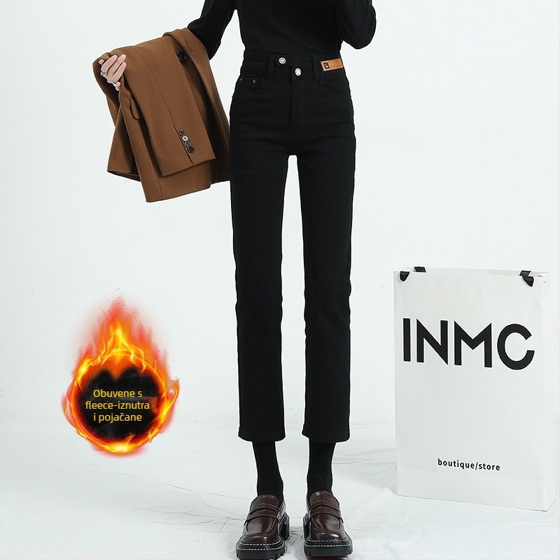 Ženske traperice s ravnim krojem, flis navlaka, visokim strukom, duljina 9/10, 70–80% pamuka