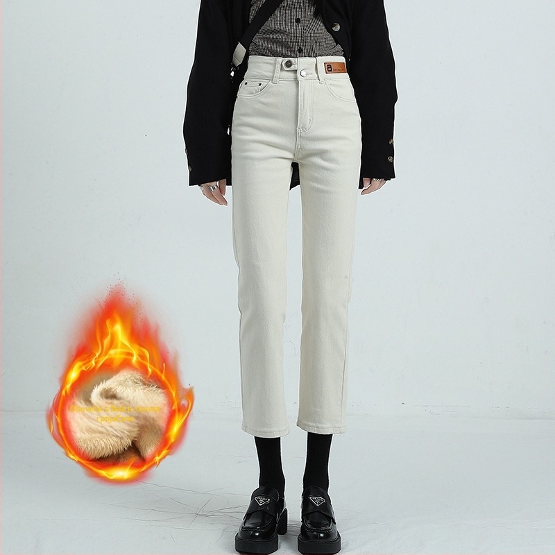 Ženske traperice s ravnim krojem, flis navlaka, visokim strukom, duljina 9/10, 70–80% pamuka