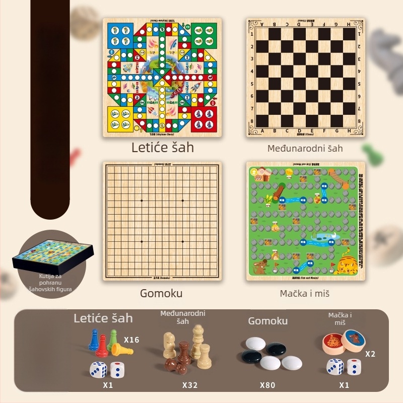 Dječja stolna igra: 10-u-1 višenamjenska ploča za šah s pohranom, dvostrana ploča za dame, letajući šah i šah — od plastike; uzrast 4–14; šareno pakiranje; Chengke Toys