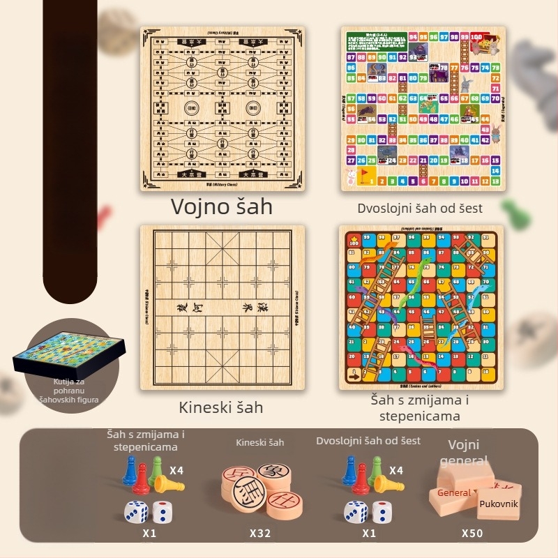 Dječja stolna igra: 10-u-1 višenamjenska ploča za šah s pohranom, dvostrana ploča za dame, letajući šah i šah — od plastike; uzrast 4–14; šareno pakiranje; Chengke Toys