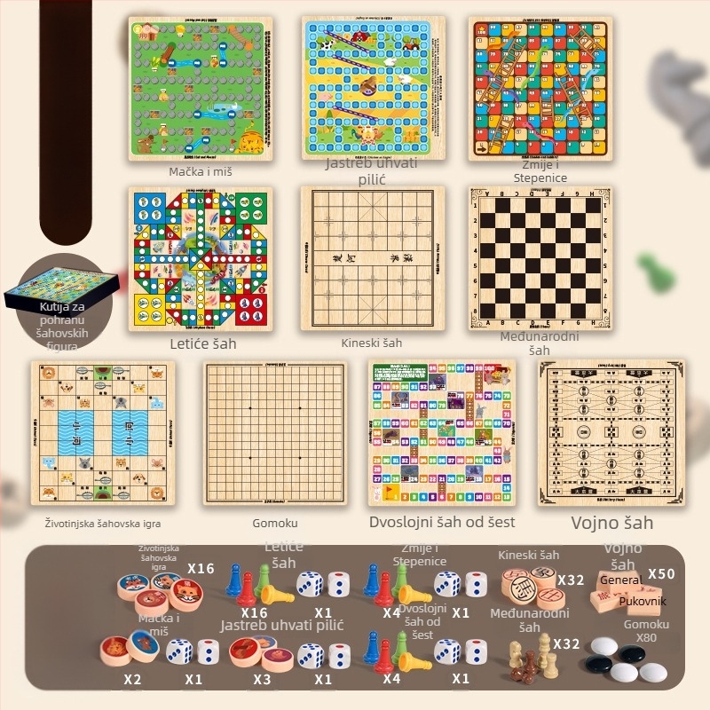 Dječja stolna igra: 10-u-1 višenamjenska ploča za šah s pohranom, dvostrana ploča za dame, letajući šah i šah — od plastike; uzrast 4–14; šareno pakiranje; Chengke Toys