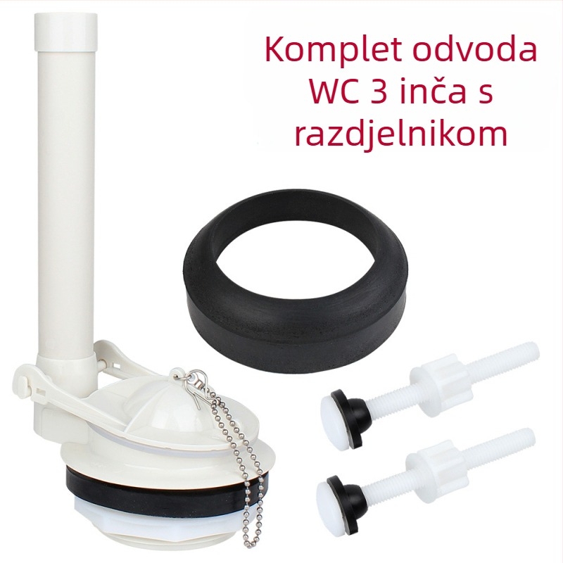 Ventil za odvod vode na WC, podijeljeni dizajn, brtveni prsten velikog promjera poklopca, vijač za pričvršćivanje spremnika vode, materijali: ABS, guma, POM, ručna instalacija