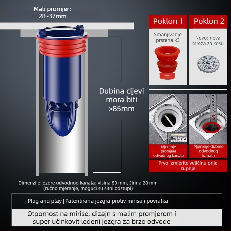 Brtveni prsten za kupaonski odvod s prilagodljivim promjerom – plastični, poklopac protiv mirisa, model Mz3ppnrs