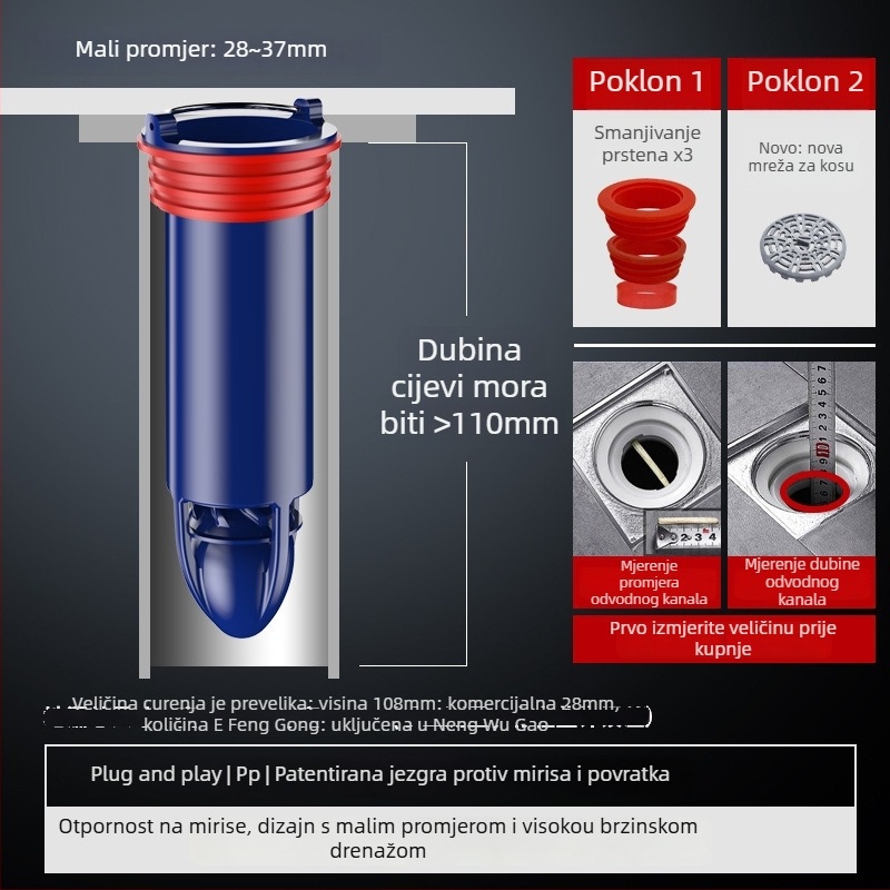 Brtveni prsten za kupaonski odvod s prilagodljivim promjerom – plastični, poklopac protiv mirisa, model Mz3ppnrs