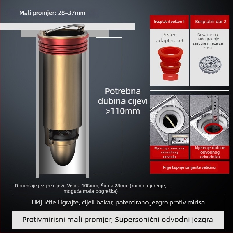 Brtveni prsten za kupaonski odvod s prilagodljivim promjerom – plastični, poklopac protiv mirisa, model Mz3ppnrs