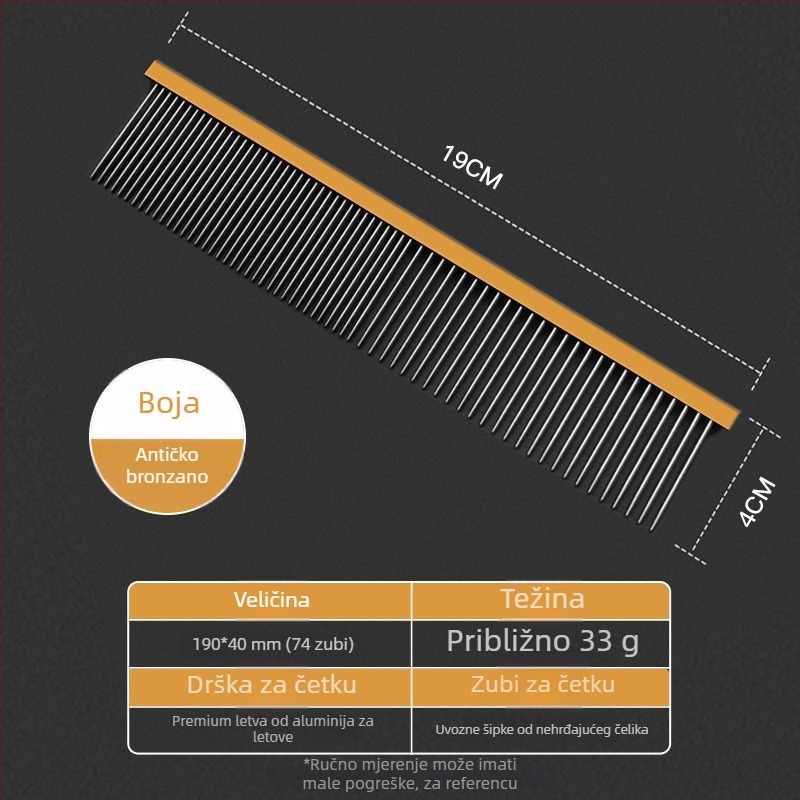 Četka za njegu kućnih ljubimaca za pse i mačke – drška od avionskog aluminija, nehrđajući čelični zubi – model 2032-74, univerzalna upotreba