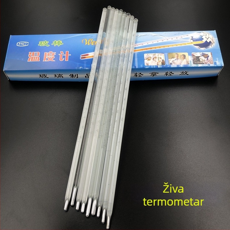 Termometar sa živom, staklena šipka, duljina 30 cm, raspon 0–50/100/200 °C, mjerni štapić bijelog živog srebra, 300/360 stupnjeva