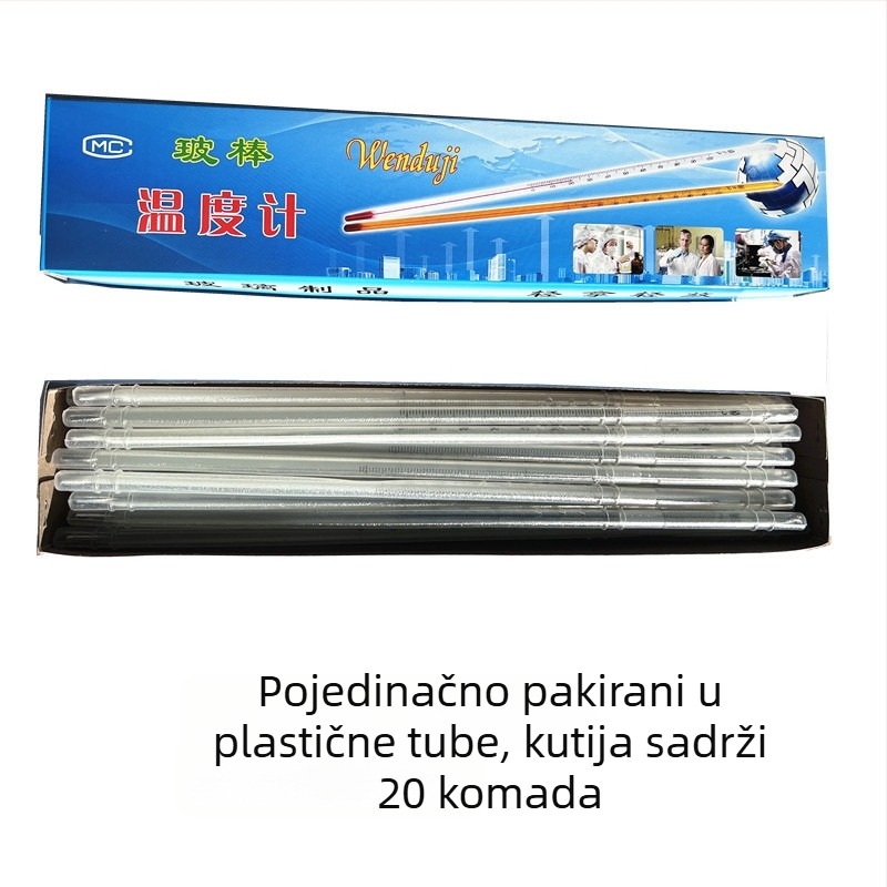 Termometar sa živom, staklena šipka, duljina 30 cm, raspon 0–50/100/200 °C, mjerni štapić bijelog živog srebra, 300/360 stupnjeva