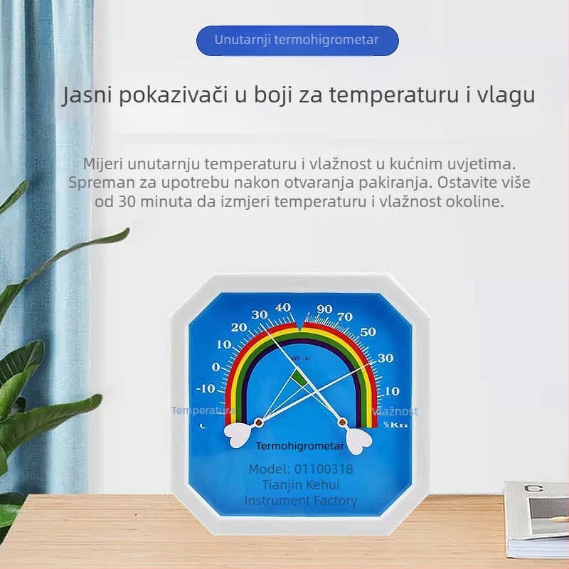 Zidni osmerokutni termometar-higrometar s ručnim pokazivačem, namijenjen za unutarnju upotrebu u kući, laboratoriju, skladištu i uzgoju