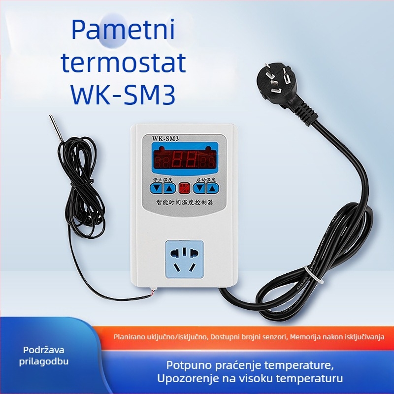 WK-SM3 Pametni termostat za digitalnu kontrolu temperature i vlage, sa utičnicom, elektroničkim senzorom i višezonskim senzorom – Yudian, 220V, za staklenike, uzgoj u akvakulturi i unutarnje mjerenje temperature