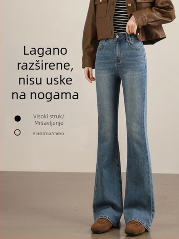 Traperice visokog struka, flared kroj, elastični denim s 70–80% pamuka i poliestera