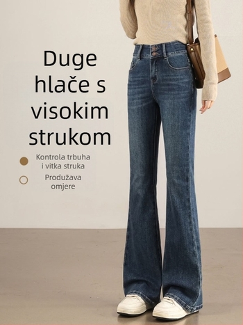 Traperice visokog struka, flared kroj, elastični denim s 70–80% pamuka i poliestera