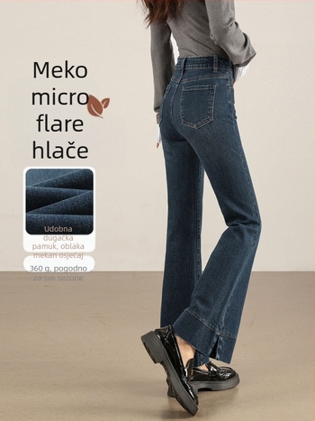 Traperice visokog struka, flared kroj, elastični denim s 70–80% pamuka i poliestera