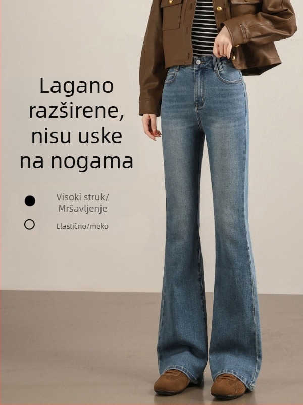 Traperice visokog struka, flared kroj, elastični denim s 70–80% pamuka i poliestera