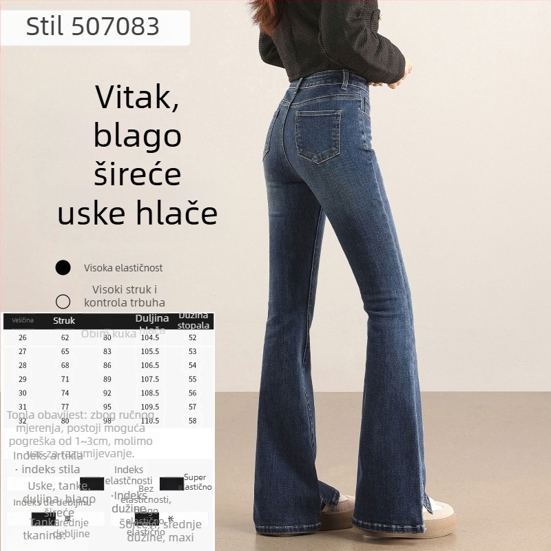 Traperice visokog struka, flared kroj, elastični denim s 70–80% pamuka i poliestera