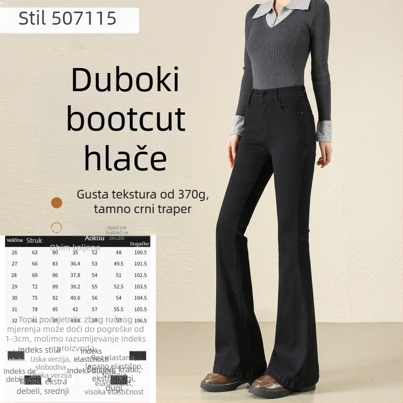 Traperice visokog struka, flared kroj, elastični denim s 70–80% pamuka i poliestera