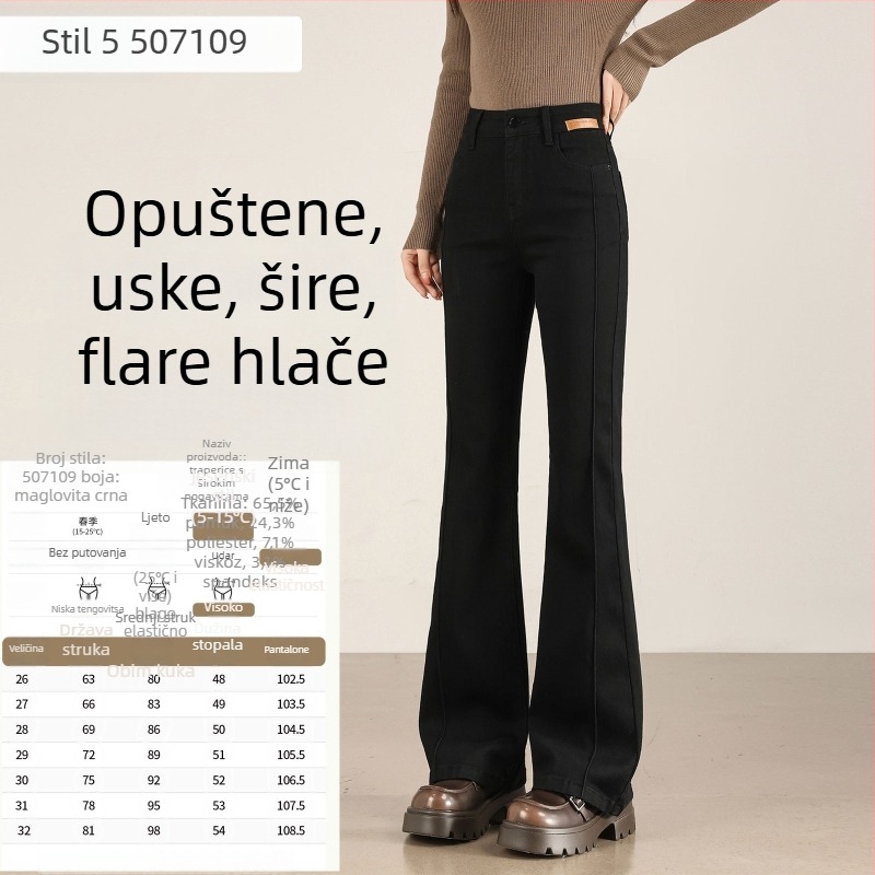 Traperice visokog struka, flared kroj, elastični denim s 70–80% pamuka i poliestera