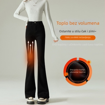 Džinsice s flisom, visoki pojas, šire nogavice bootcut, debeli za zimu 2025
