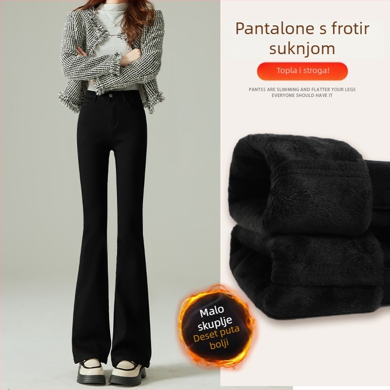 Džinsice s flisom, visoki pojas, šire nogavice bootcut, debeli za zimu 2025
