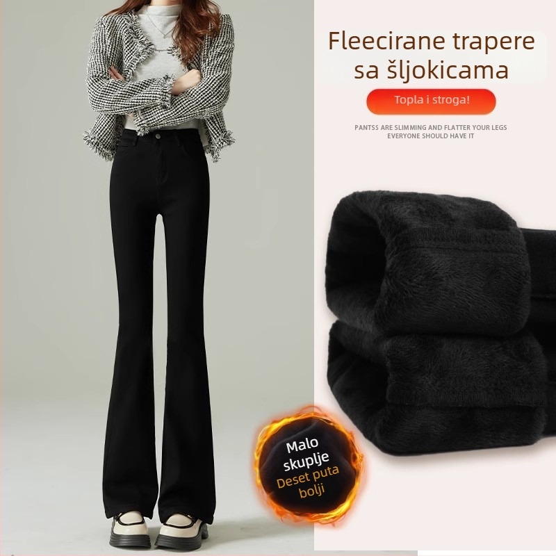 Džinsice s flisom, visoki pojas, šire nogavice bootcut, debeli za zimu 2025