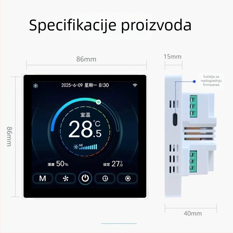 Termostat 3-u-1 za centralnu klimatizaciju s kolor zaslonom, WiFi/RS-485 daljinsko upravljanje, panelna montaža, 220V