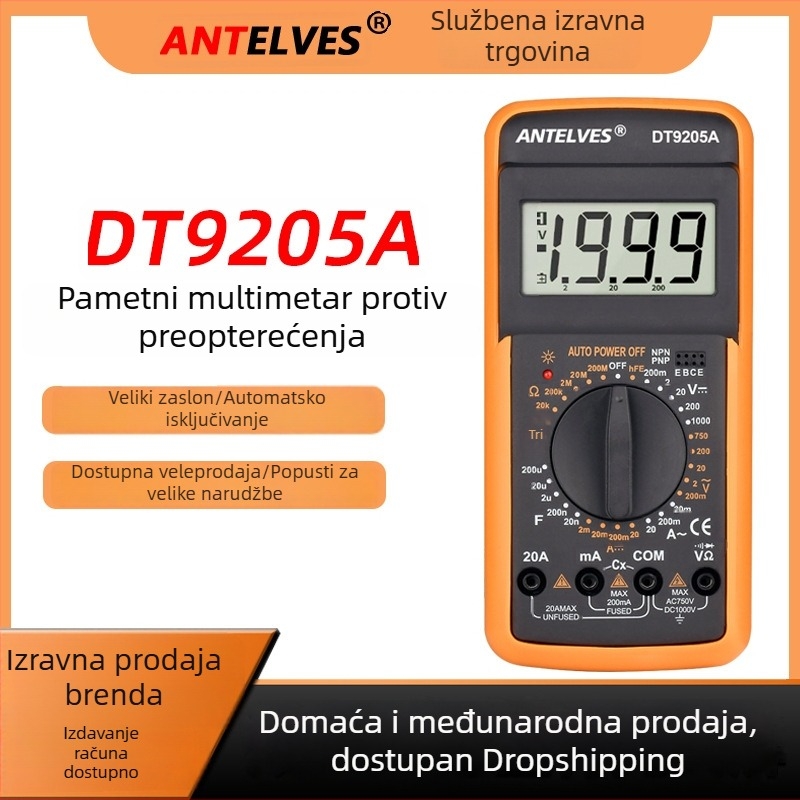 9205A Digitalni multimetar s zaštitom od opeklina, visoka preciznost, za elektrikare i kućnu upotrebu, automatsko isključivanje