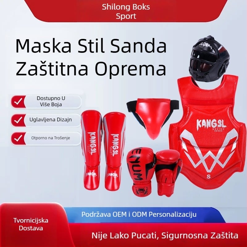Set zaštitne opreme za borilačke sportove: zaštita glave, ruku (dlan i zglob), lakat, koljeno i gležanj u spandexu; pogodno za boksa