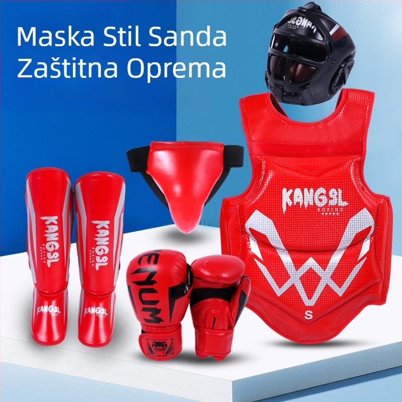Set zaštitne opreme za borilačke sportove: zaštita glave, ruku (dlan i zglob), lakat, koljeno i gležanj u spandexu; pogodno za boksa