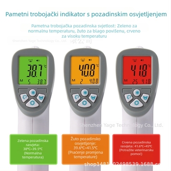 Prijenosni infracrveni veterinarski termometar, bezkontaktan, raspon 32–43°C, točnost ±0,4°C, odziv 3 s, model YDC-8806, digitalni zaslon