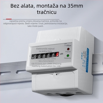 Jednofazni mjerni uređaj (4P) na DIN šinu, s poklopcem za zaštitu od prašine, za kućnu upotrebu