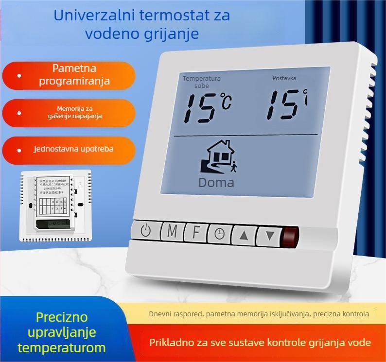 Termostatsko upravljanje podnim grijanjem s digitalnim zaslonom, inteligentni regulator temperature, tip 86; raspon temperature 5–35 °C, točnost mjerenja 2 °C, instalacija: napajanje, radno napajanje 220 V
