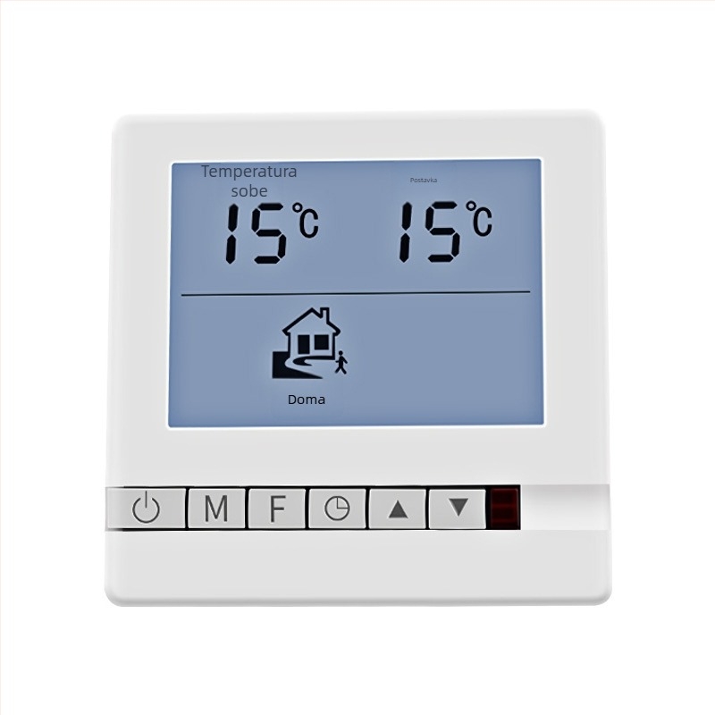 Termostatsko upravljanje podnim grijanjem s digitalnim zaslonom, inteligentni regulator temperature, tip 86; raspon temperature 5–35 °C, točnost mjerenja 2 °C, instalacija: napajanje, radno napajanje 220 V