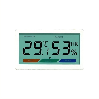 Digitalni LCD unutarnji termometar i higrometar, visoka preciznost, zidni ili stolni, -20°C do 80°C, vlaga 0–99,9% RH, CR2032 baterija.
