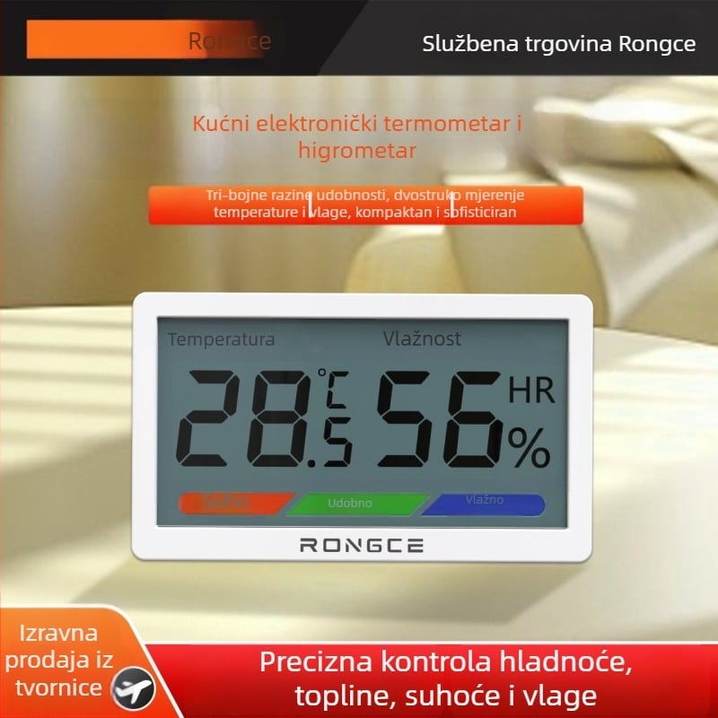 Digitalni LCD unutarnji termometar i higrometar, visoka preciznost, zidni ili stolni, -20°C do 80°C, vlaga 0–99,9% RH, CR2032 baterija.