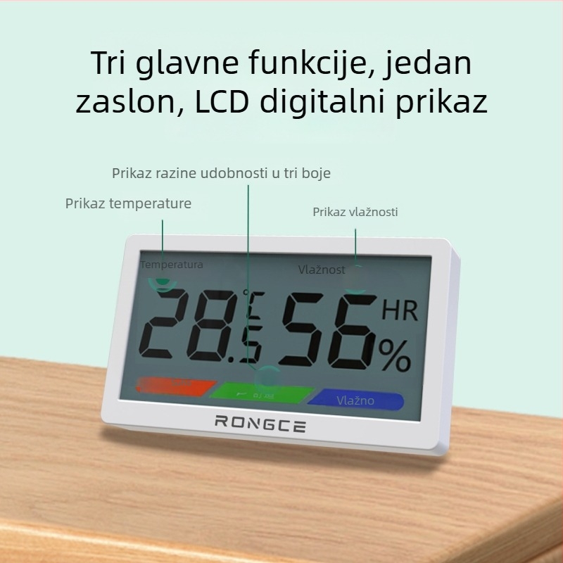 Digitalni LCD unutarnji termometar i higrometar, visoka preciznost, zidni ili stolni, -20°C do 80°C, vlaga 0–99,9% RH, CR2032 baterija.