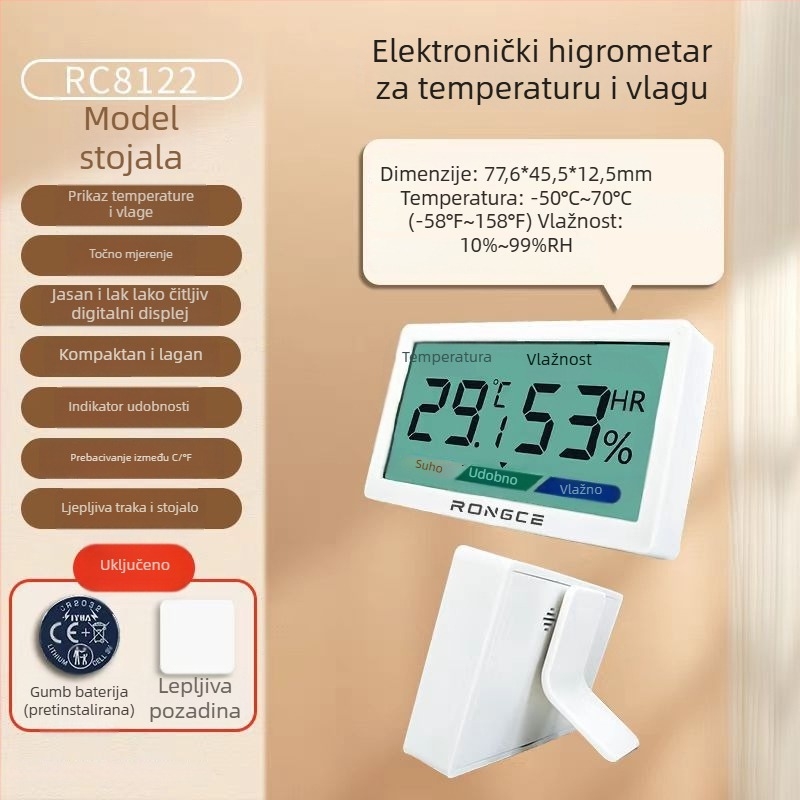 Digitalni LCD unutarnji termometar i higrometar, visoka preciznost, zidni ili stolni, -20°C do 80°C, vlaga 0–99,9% RH, CR2032 baterija.