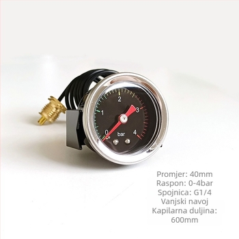 Precizan manometar za aparat za kavu s kapilarnim cijevima; Priključak: kapilarna cijev; Raspon mjerenja: 0-2.5 bar; Točnost: 2.5; Temperatura okoline: 0-150 °C
