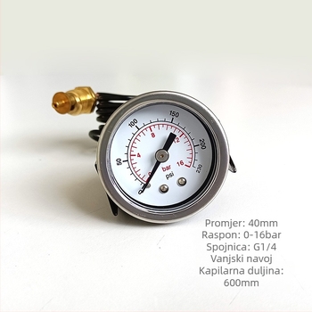 Precizan manometar za aparat za kavu s kapilarnim cijevima; Priključak: kapilarna cijev; Raspon mjerenja: 0-2.5 bar; Točnost: 2.5; Temperatura okoline: 0-150 °C