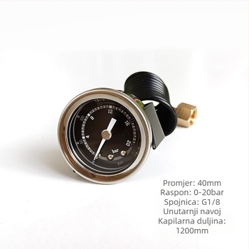 Precizan manometar za aparat za kavu s kapilarnim cijevima; Priključak: kapilarna cijev; Raspon mjerenja: 0-2.5 bar; Točnost: 2.5; Temperatura okoline: 0-150 °C
