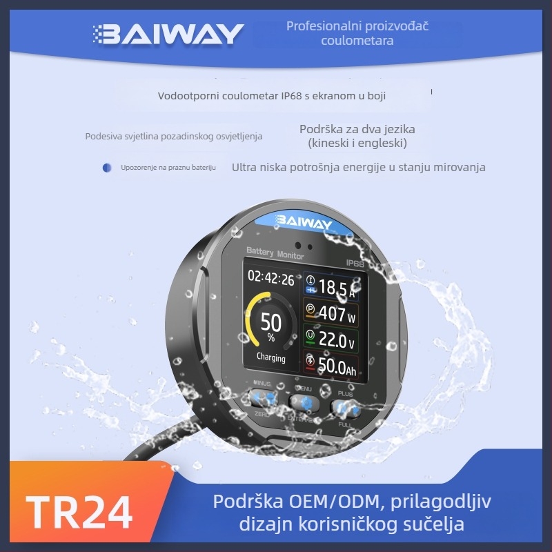 TR24 vodootporni coulombometar s kolornim zaslonom, LiFePO4 baterija monitor, raspon 8–80V 0–999Ah