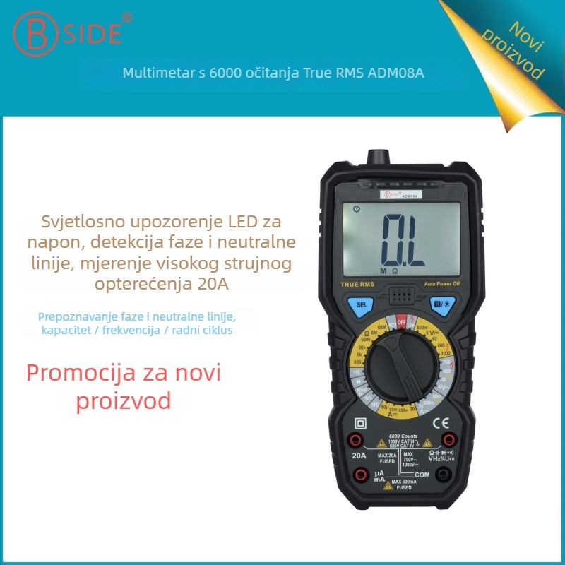 BSIDE ADM08A digitalni multimetar, zaslon s 6000-count, CAT III 1000V CAT IV 600V, mjerenje AC/DC napona i struje, otpor, kapacitet
