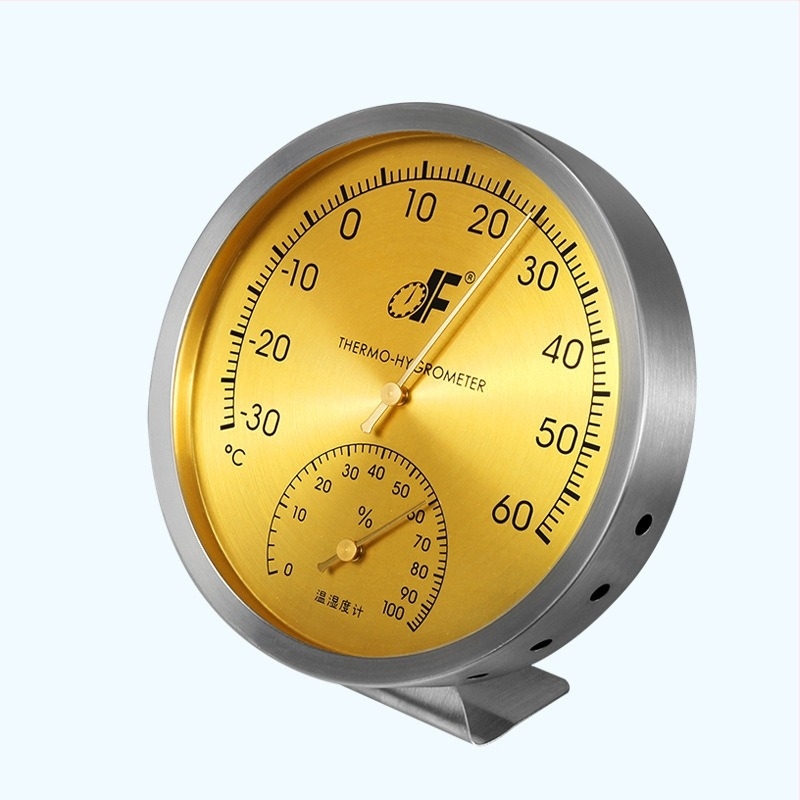 Zidni higrometar od nehrđajućeg čelika s pokazivačem za temperaturu i vlaga, raspon temperature -30 do 60°C, raspon vlage 0–100% RH, točnost temperature 1°C, točnost vlage 5%