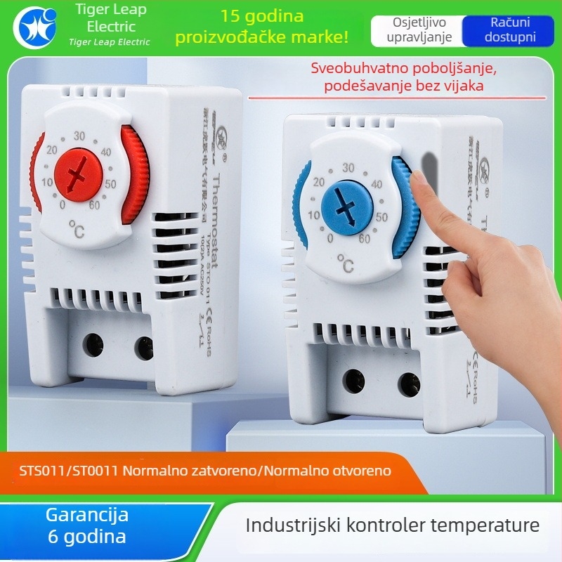 Ventilatorni termostat za ormariće – unutarnja kontrola temperature za šasiju i ormariće; zidna montaža; Napon: 24–250 V; Marka: Huyue Electric