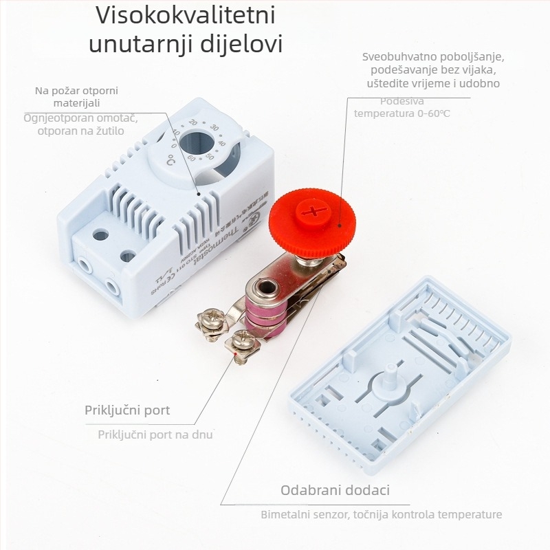Ventilatorni termostat za ormariće – unutarnja kontrola temperature za šasiju i ormariće; zidna montaža; Napon: 24–250 V; Marka: Huyue Electric