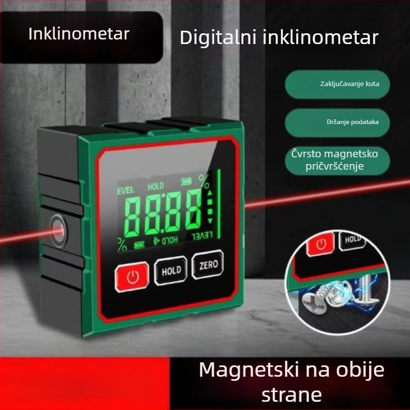 Inklinometar sa snažnom magnetskom osnovom, visokom preciznošću, mjerenje kuta 360°, laserski digitalni prikaz (Model: Inclinometer)