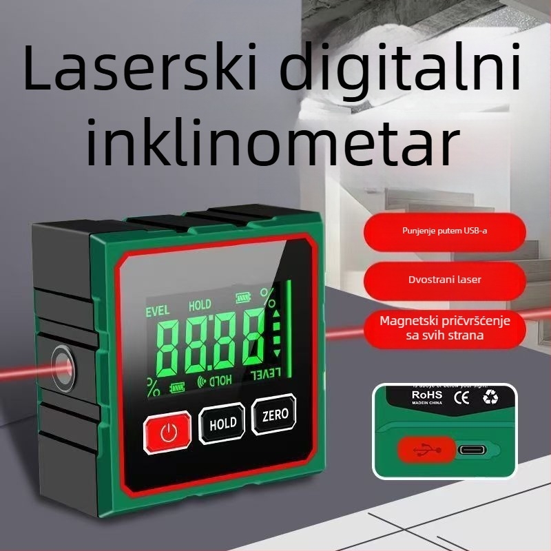 Inklinometar sa snažnom magnetskom osnovom, visokom preciznošću, mjerenje kuta 360°, laserski digitalni prikaz (Model: Inclinometer)