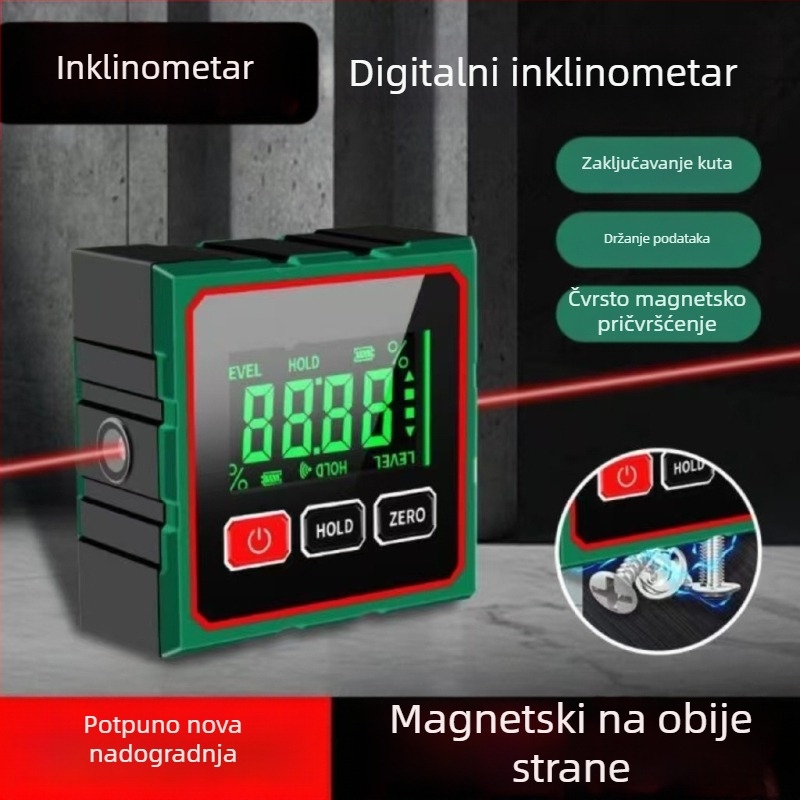 Inklinometar sa snažnom magnetskom osnovom, visokom preciznošću, mjerenje kuta 360°, laserski digitalni prikaz (Model: Inclinometer)
