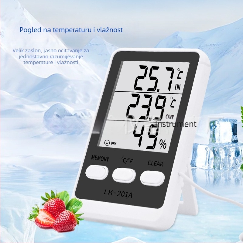 Elektronički termometar-higrometar za unutarnju i komercijalnu upotrebu; mjeri temperaturu i vlagu; pogodan za hladnjak, zamrzivač, akvarij i uzgojna okruženja; napajanje baterijama